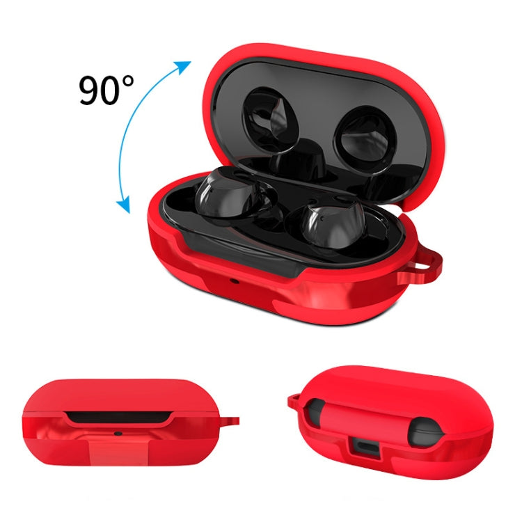 Red silicone earbud case showing side openings and secure fit around earbuds