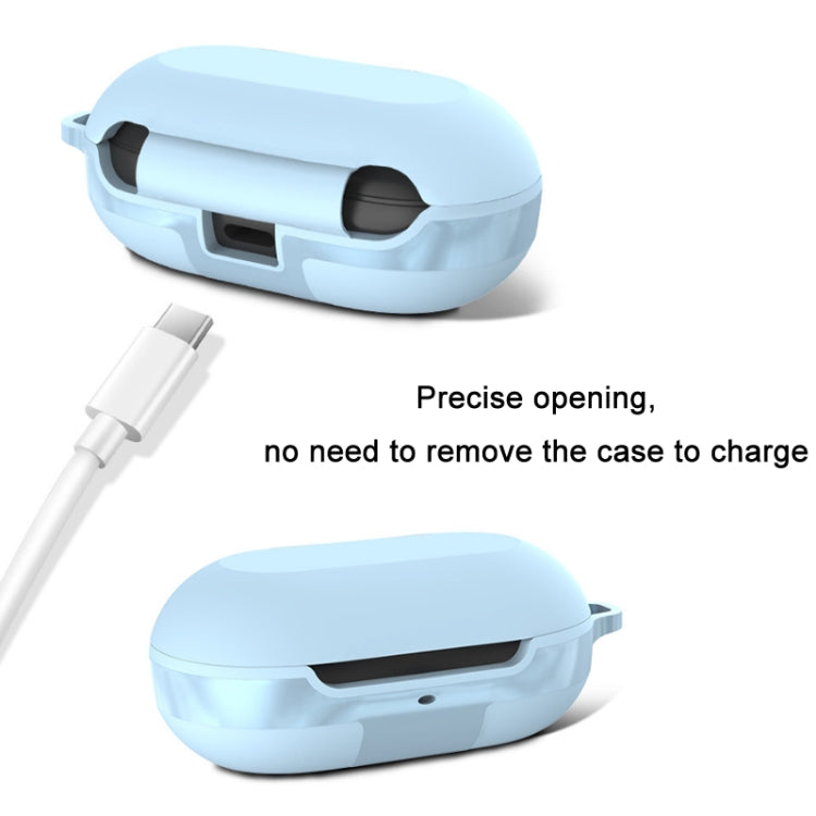 Light blue silicone earbud case with cutouts for charging port and earbuds