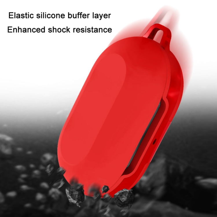 Red silicone earbud cover with textured grip and protective shock-absorbing design