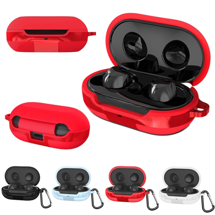 Red silicone earbud case with carabiner clip, open lid, and charging cutouts