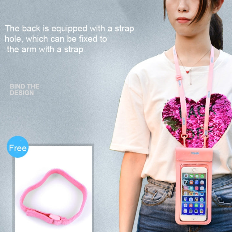 Pink waterproof phone pouch worn on the neck with clear front touchscreen window