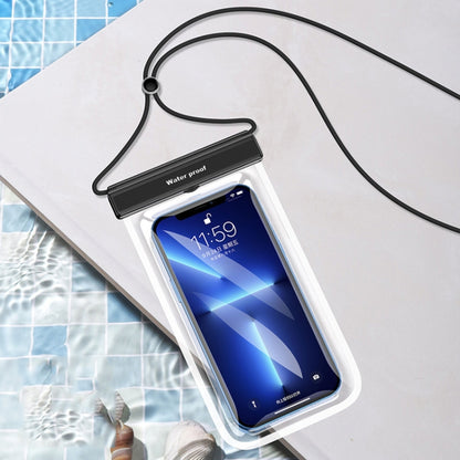 Black transparent TPU waterproof phone bag with neck strap and flip buckle