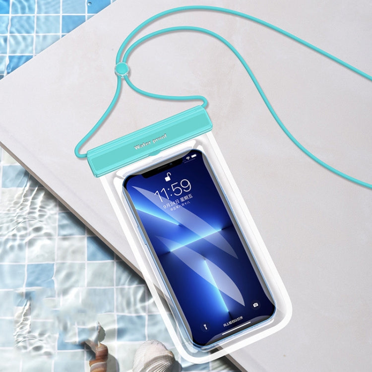 Light blue transparent TPU waterproof phone bag with neck strap and flip buckle