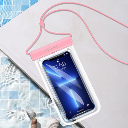Pink transparent TPU waterproof phone bag with neck strap and flip buckle
