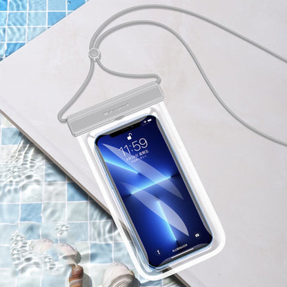Silver transparent TPU waterproof phone bag with neck strap and flip buckle
