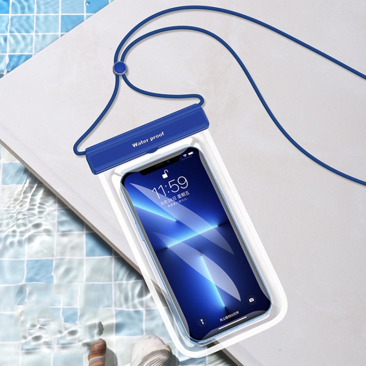 Sapphire blue transparent TPU waterproof phone bag with neck strap and flip buckle