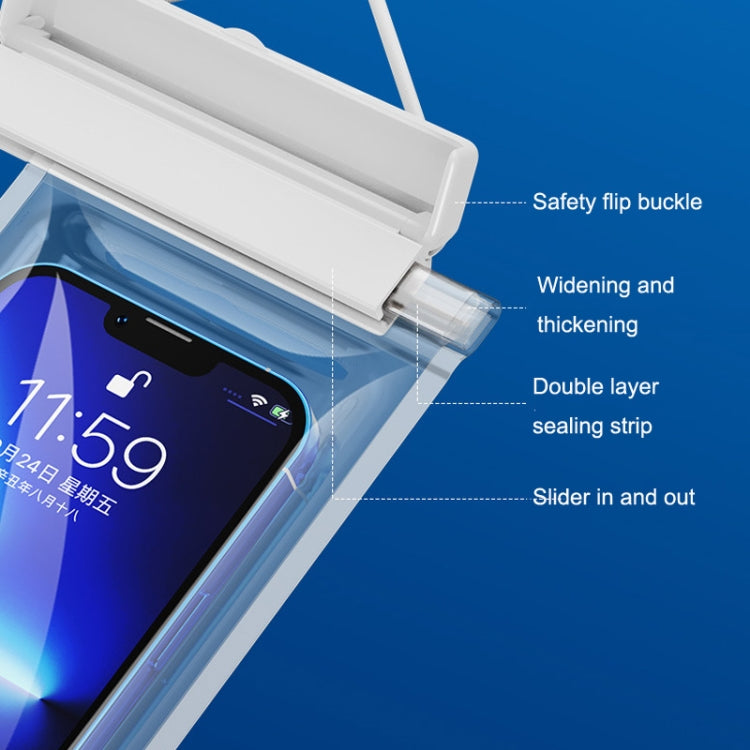 Transparent TPU waterproof phone bag showing double-seal strip and flip buckle