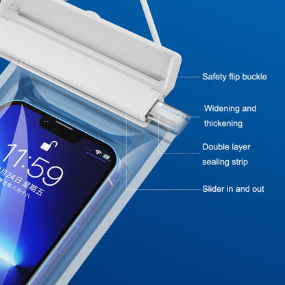 Transparent TPU waterproof phone bag showing double-seal strip and flip buckle