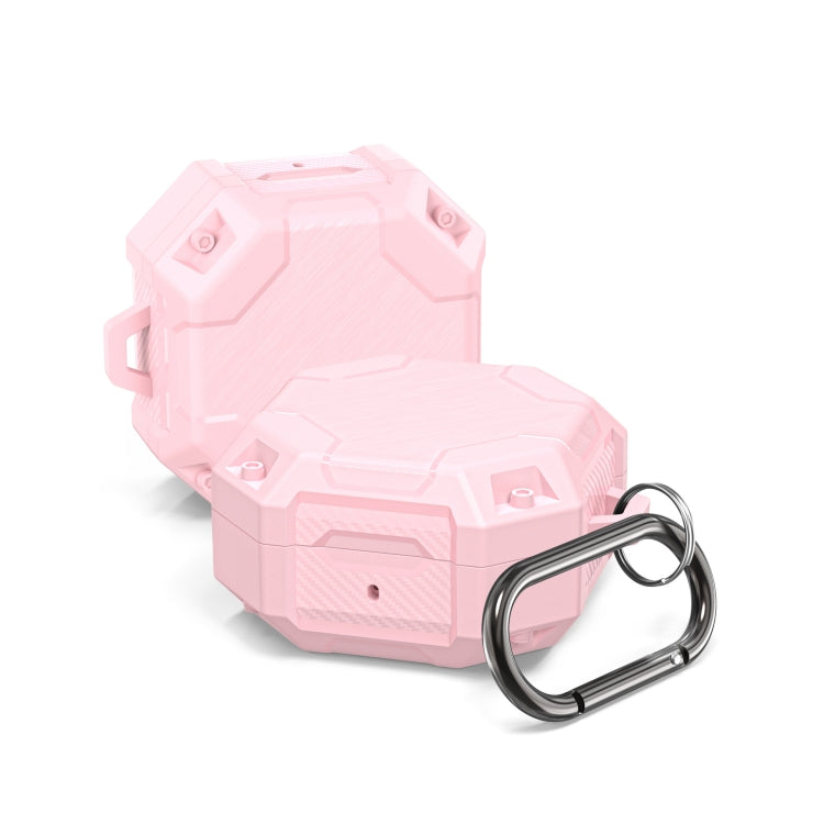 Pink TPU earphone case with hinged lid and metal carabiner key ring