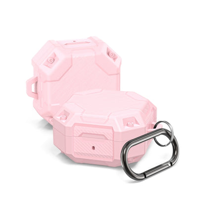 Pink TPU earphone case with hinged lid and metal carabiner key ring