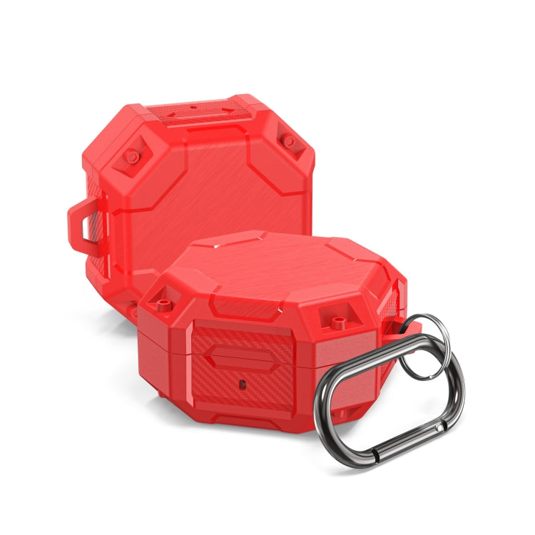 Red TPU earphone case with hinged lid and metal carabiner key ring