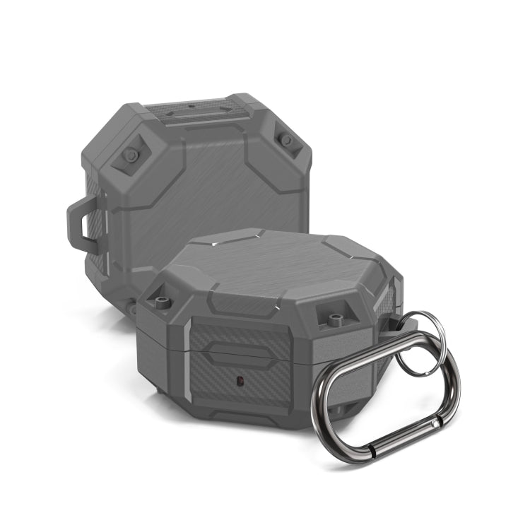 Gray TPU earphone case with hinged lid and metal carabiner key ring
