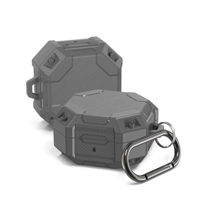 Gray TPU earphone case with hinged lid and metal carabiner key ring