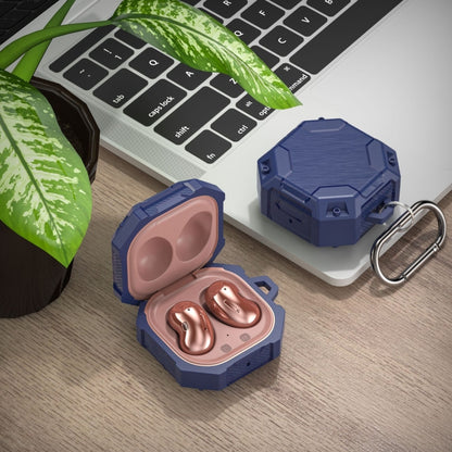 Blue TPU earphone case with open lid, earbuds inside, and metal carabiner key ring