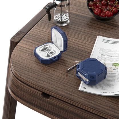 Blue TPU earphone case with open lid, earbuds inside, and metal carabiner on desk