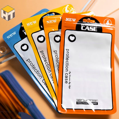 Assorted protective case plastic packaging bags in orange, blue, and yellow, clear windows.