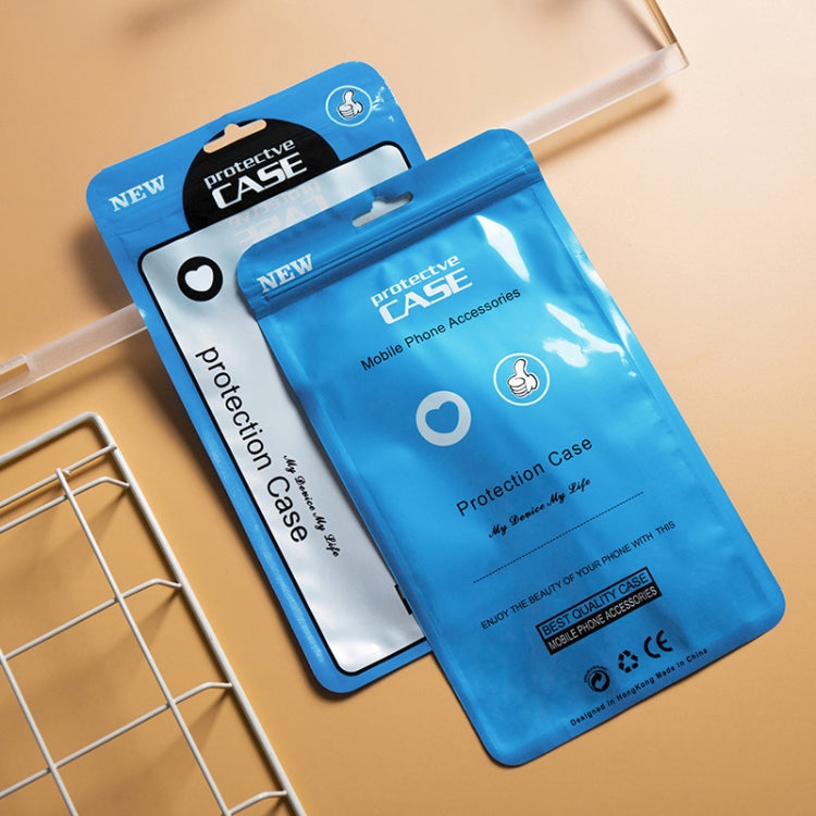 Blue protective case plastic packaging bags with clear windows and hang holes.