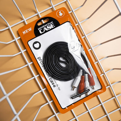 Orange protective case packaging bag showing a coiled black cable through a clear window.