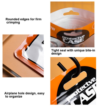 Protective case packaging bag closeups: tight seal, rounded crimp edges, air-hole design.