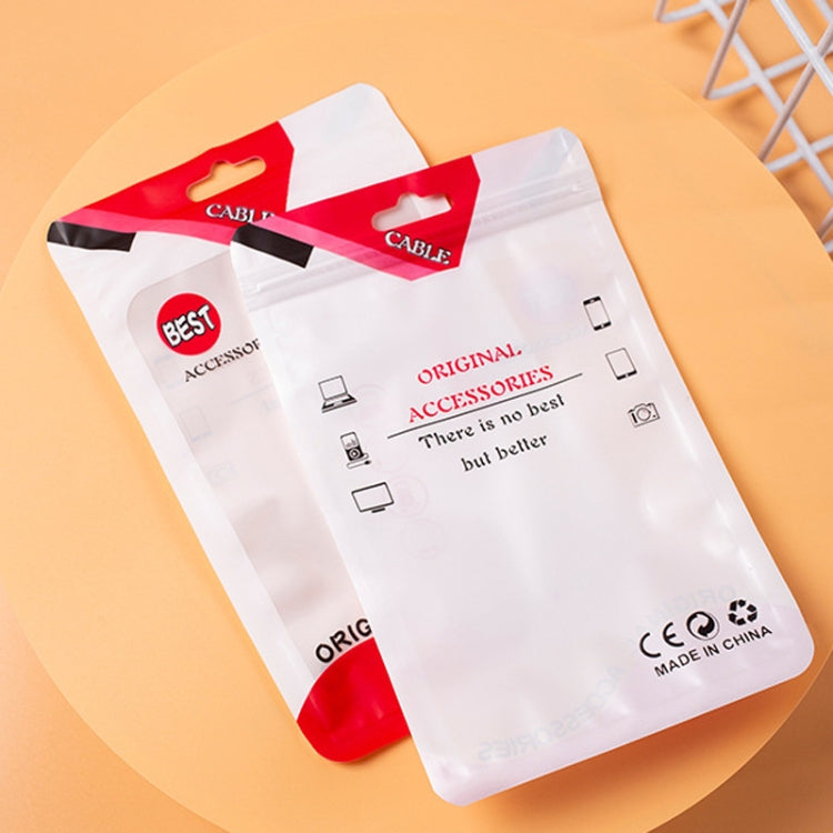 White accessories sealing pouch with cable use icons and CE marking