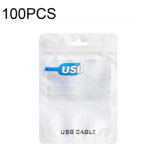 White USB cable zip packaging bag with hang hole, blue USB logo, and USB CABLE text