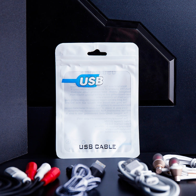 White USB cable zip packaging bag with hang hole and blue USB logo, USB CABLE text