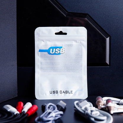 White USB cable zip packaging bag with hang hole and blue USB logo, USB CABLE text