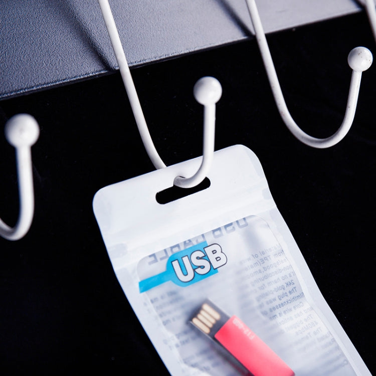 White USB cable zip pouch with blue USB logo; cable ends visible through the clear area