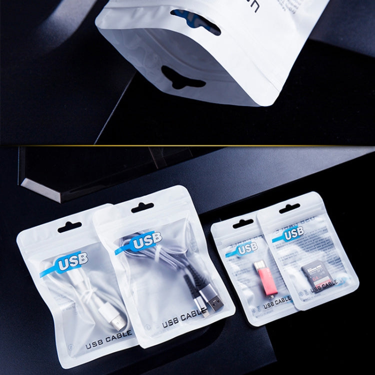 Multiple white USB cable zip pouches with blue USB logos and top hang holes