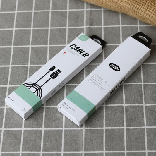 Cable storage carton packaging boxes in white, with hanging tab and illustrated cable icons.