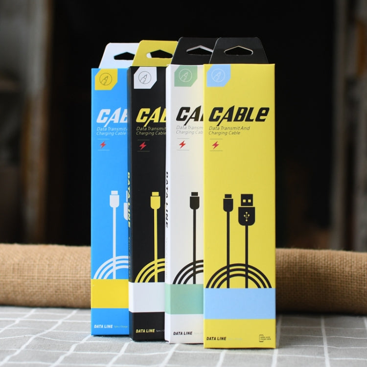 Assorted cable storage carton packaging boxes in blue, white, black, and yellow with hang tabs.