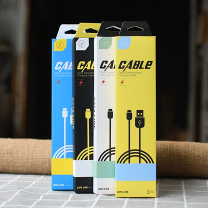 Assorted cable storage carton packaging boxes in blue, white, black, and yellow with hang tabs.