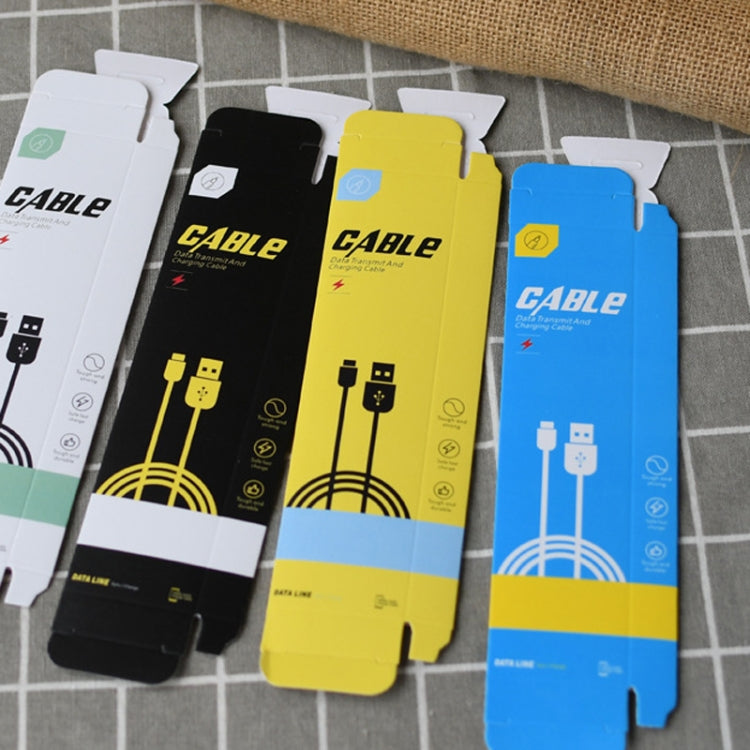 Set of cable storage carton packaging boxes in white, black, yellow, and blue with hang tabs.