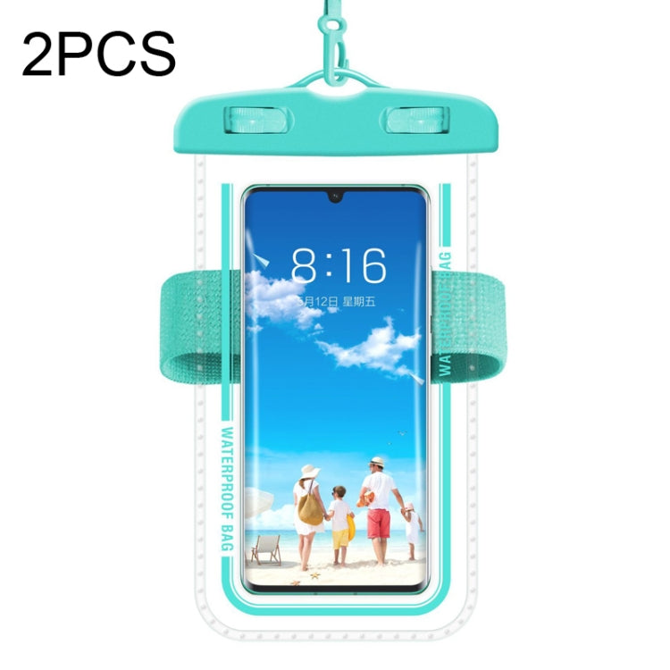 Macaron blue transparent waterproof armband phone case with clear window and teal strap.