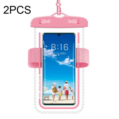 Macaron red transparent waterproof armband phone case with clear window and pink strap.