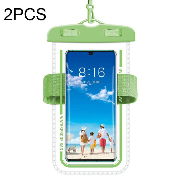 Macaron green transparent waterproof armband phone case with clear window and light green strap.