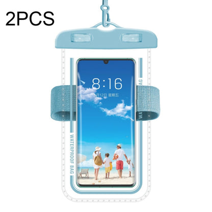 Macaron blue armband phone case with clear waterproof sleeve and teal strap.
