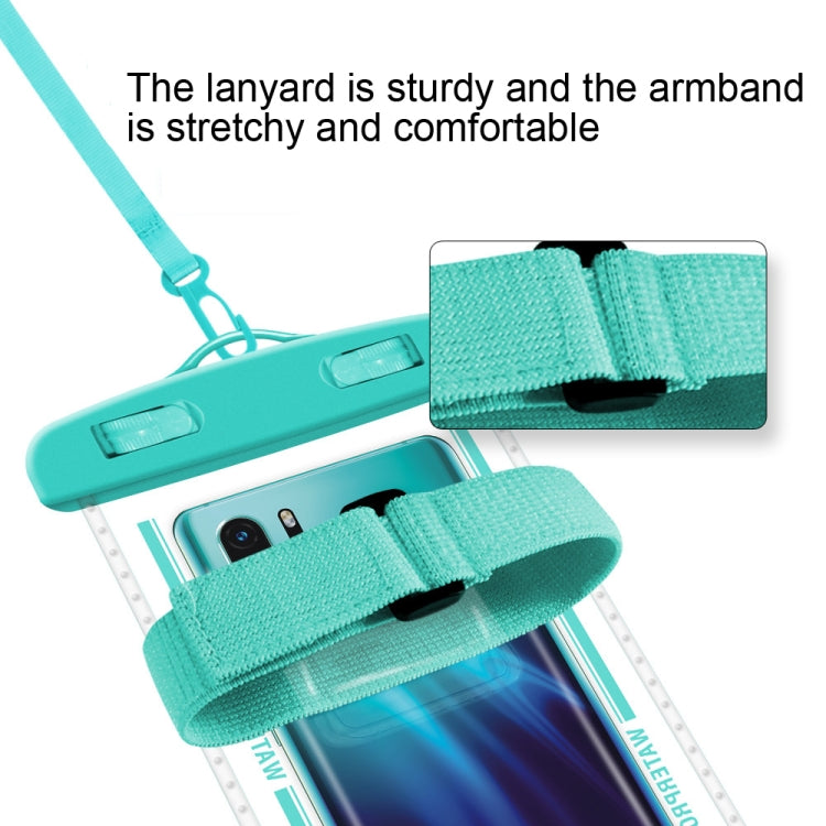 Teal armband phone case with clear sleeve and wide hook-and-loop armband strap.
