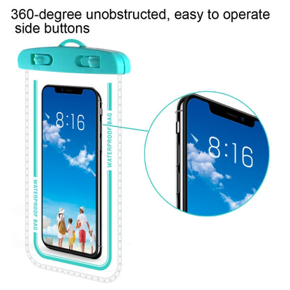 Teal transparent armband phone case with clear window for side buttons.