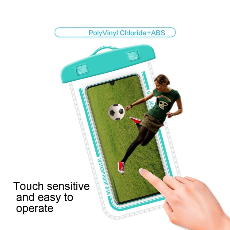 Teal transparent waterproof armband phone case with touch-screen friendly clear window.