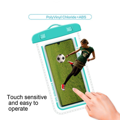 Teal transparent waterproof armband phone case with touch-screen friendly clear window.