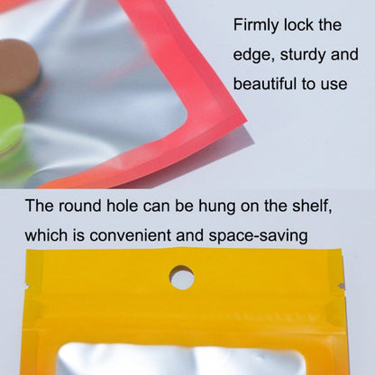 Yellow aluminum foil ziplock bag with round hanging hole and sealed edge close-up