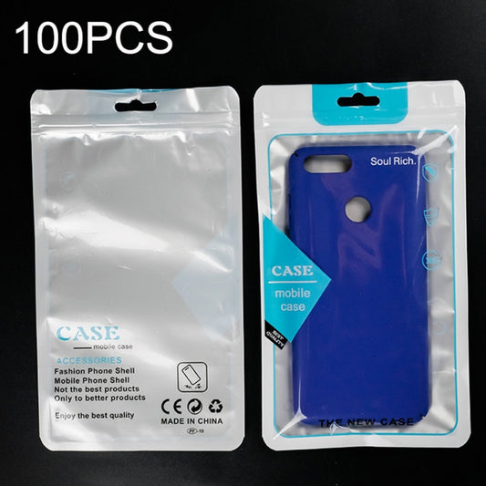 Clear translucent phone case packaging bag, self-sealing, with hanging hole; blue case inside