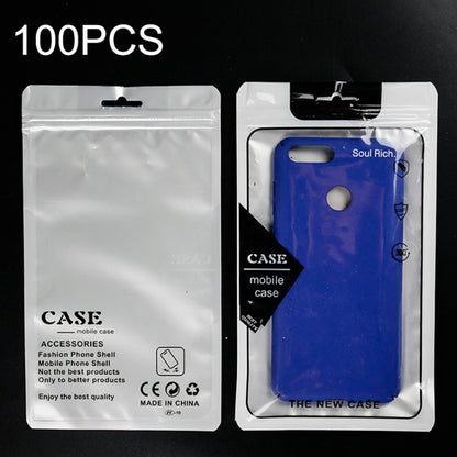 Clear translucent phone case packaging bag with hanging hole; blue phone case in sleeve