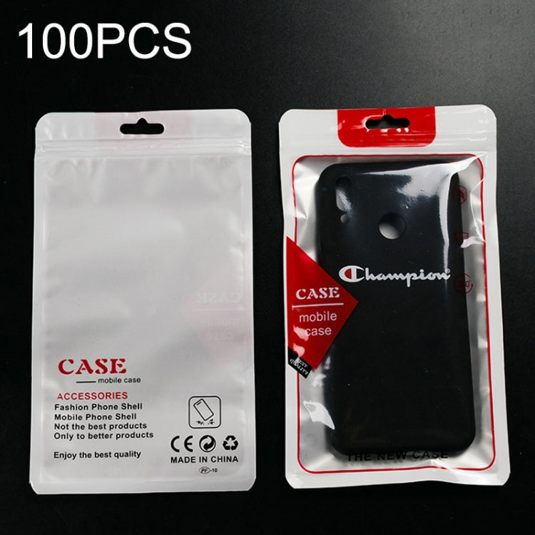 Clear translucent phone case packaging bag with hanging hole; black case in red-trim sleeve