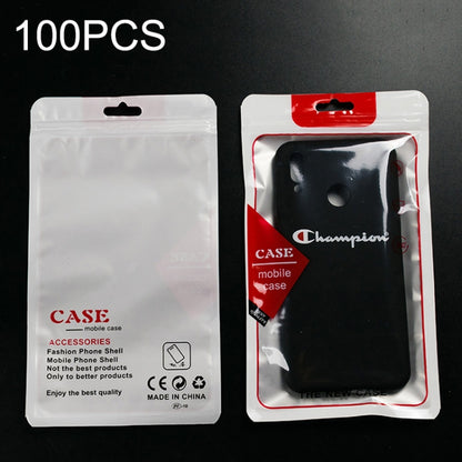Clear translucent phone case packaging bag with hanging hole; black case in red-trim sleeve