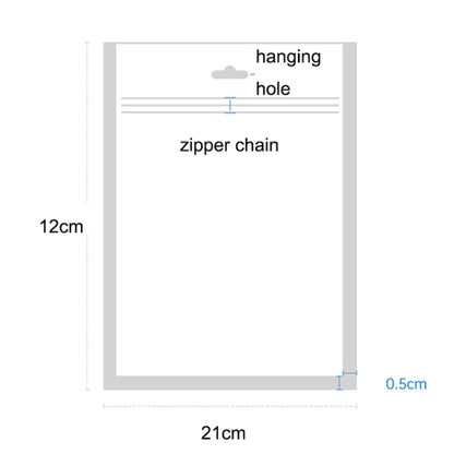 Phone case packaging bag dimensions showing hanging hole and zipper chain; 12 x 21 cm