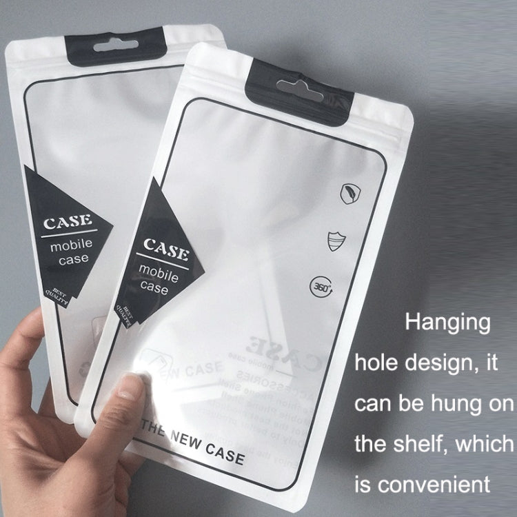 Clear phone case packaging bags with hanging hole design; shown being held by hand