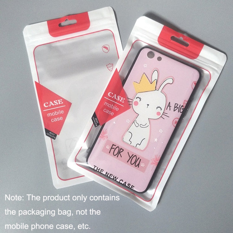 Clear self-sealing phone case packaging bag with hanging hole; pink cartoon case inside