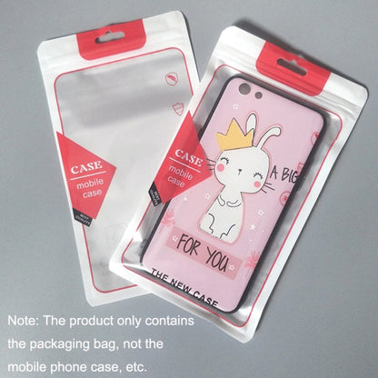 Clear self-sealing phone case packaging bag with hanging hole; pink cartoon case inside